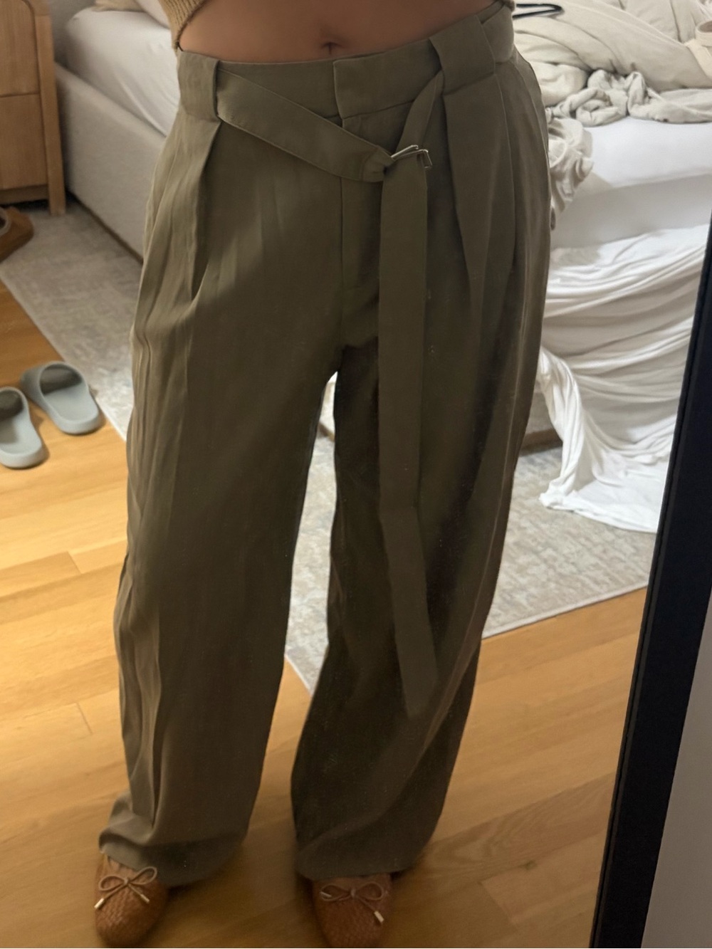 Zara Olive High-Rise Wide-Leg Trousers with Self-Tie Belt
